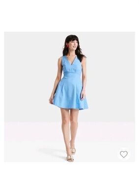 Sleeveless V-Neck Light Blue Fit & Flare Dress